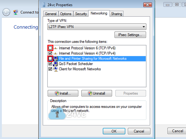 Uncheck Internet Protocol Version 6 and File and Printer Sharing. Then click OK.
