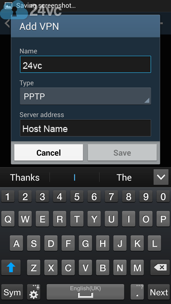 Enter 24vc for Name, then select PPTP for Type. Enter the Host Name we provided you in the activation email as the Server Address. 
