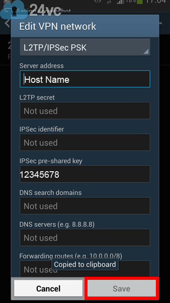 For IPSec pre-shared key enter 12345678. Click Save.