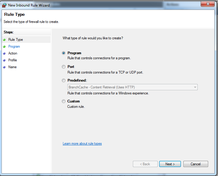 Select Program then for the program path simply choose the browser (chrome, firefox, internet explorer, etc.) that you wish to block non-vpn traffic on. Then check to Block the Connection.