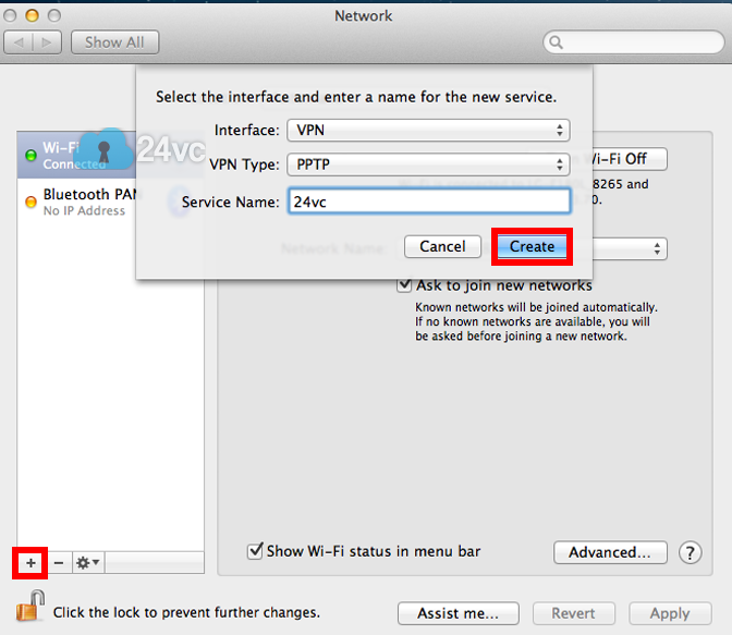 Step 3:</h2> <br />Click +. Select VPN for the Interface and PPTP for the VPN Type. Write 24vc for the Service Name. Then click Create.