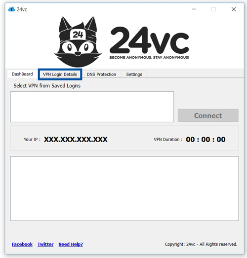 Open the 24vc Software and go to the VPN Login Details tab. 
