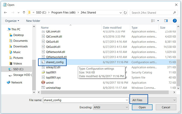 In notepad, go to File -> Open and select your computer folder, and click on Program Files (x86) -> 24vc Shared. Once in this folder, open the file called “shared_config”. If you don’t see the files, make sure “All Files” is selected in Notepad.