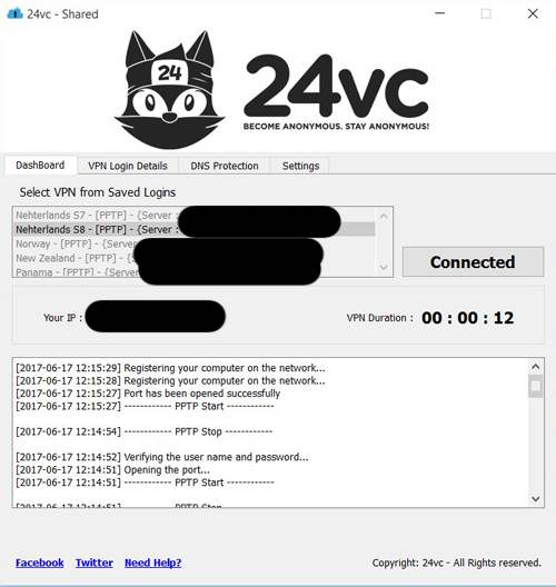 Now that you’ve preloaded your username & password onto the software, you can now open up the 24vc Shared software. Then simply select your VPN location of preference and click Connect. 