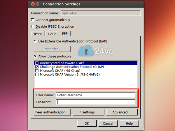 Go to the PPTP tab, check Challenge Authentication Protocol (CHAP). Enter your user name and password then click OK.