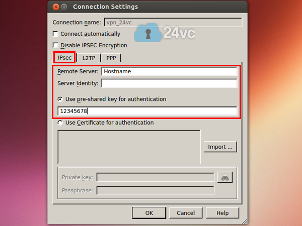 Go to the IPsec tab, and enter the Host Name we provided you in the activation email as the Remote Server. For the shared-key enter 12345678.