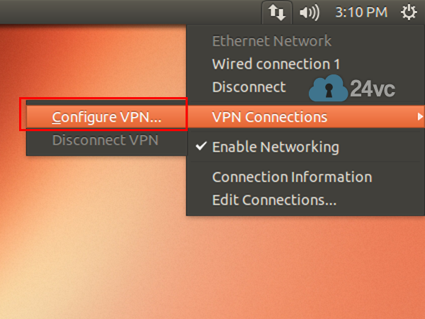 Click on the Network Manager icon on the top right hand corner of the screen, then click VPN Connections and Configure VPN