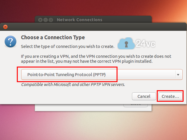 Select Point to Point Tunnelling Protocol (PPTP) then click Create.