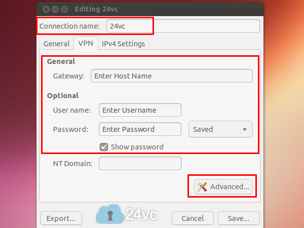 Enter the Host Name we provided you in the activation email as the Gateway. Then enter your username and password. For Connection name put 24vc.