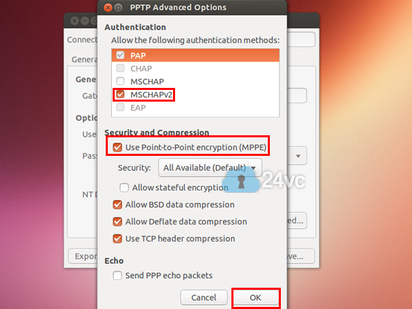 Click Advanced. Check MSCHAPv2. Check Use Point to Point encryption. Click OK then click Save. 