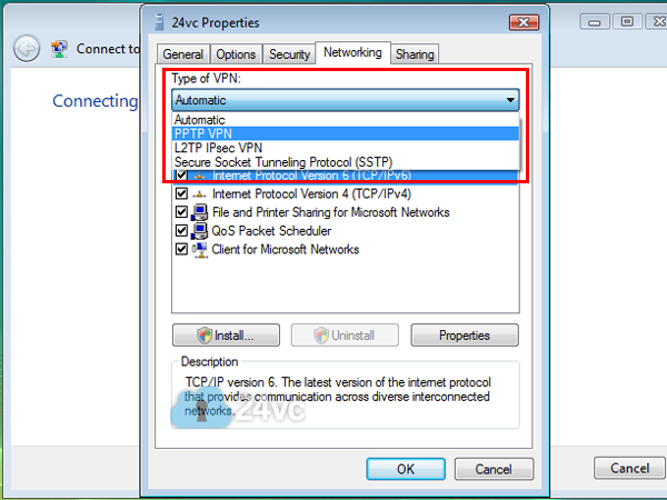 For Type of VPN select Point to Point Tunneling Protocol (PPTP).