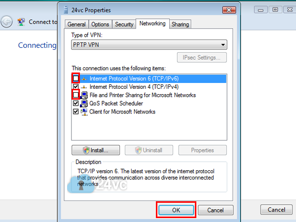 Uncheck Internet Protocol Version 6 and File and Printer Sharing. Then click OK. 