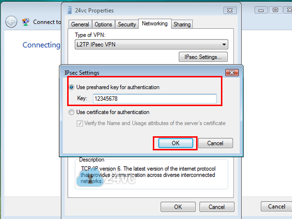 Check Use Pre-shared key for authentication and enter 12345678 as the Key. Click OK.