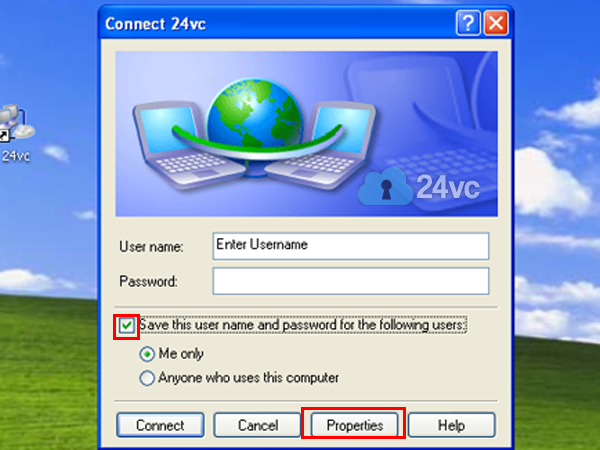 You should now see the shortcut entitled 24vc on your desktop, open it and enter the username and password provided in the activation email. Then check Save this username and password, and click Properties