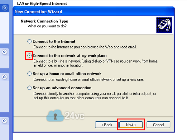 Select Connect to the network at my workplace, then click Next. 