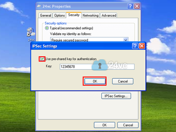 Check Use pre-shared key for authentication, then enter 12345678 as the Key and click OK.