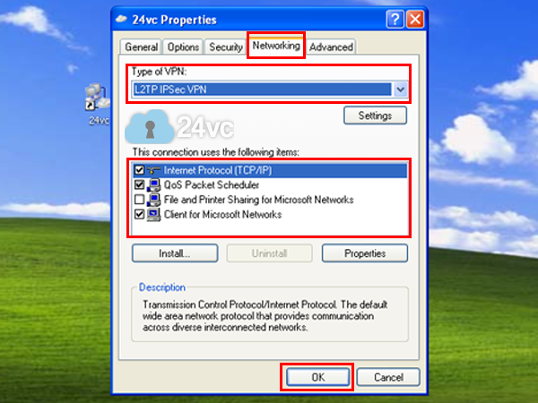 Go to the Networking tab and select L2TP IPSec VPN. Uncheck File and Printer Sharing. Then click OK.