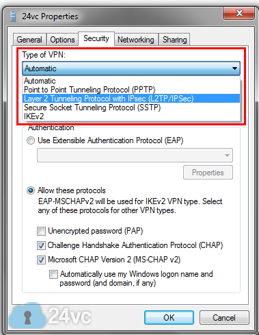 For Type of VPN select Layer 2 Tunnelling Protocol (L2TP/IPSec).