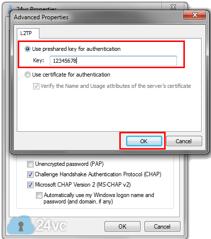 Check Use Pre-shared key for authentication and enter 12345678 as the Key. Click OK.