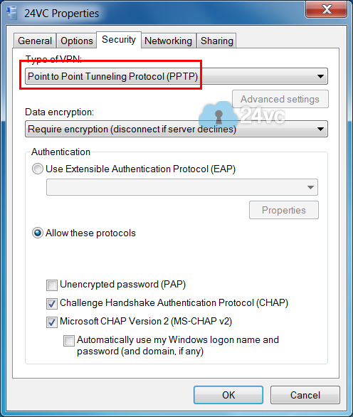 For Type of VPN select Point to Point Tunnelling Protocol (PPTP)