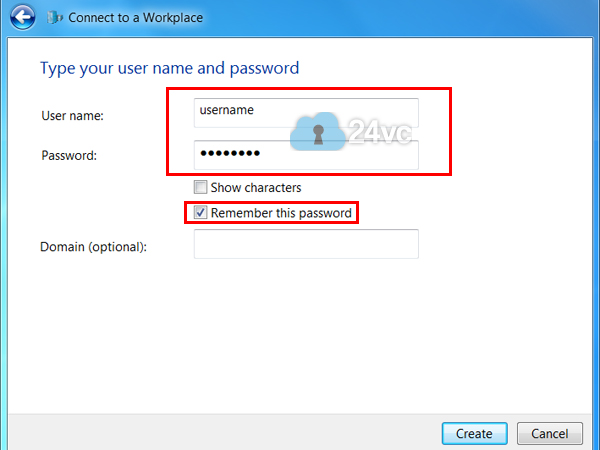 Simply enter the username and password provided in the activation email and then check Remember this password and click create. 