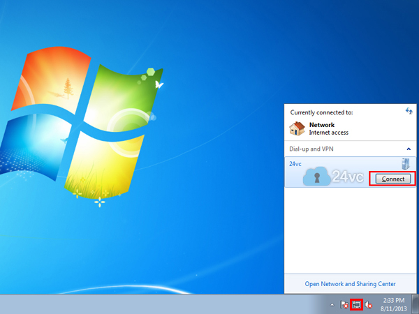 Click on the network icon in the system tray and then click connect on the 24vc VPN connection. 