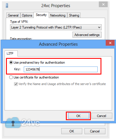 Check Use Pre-shared key for authentication and enter 12345678 as the Key. Click OK.