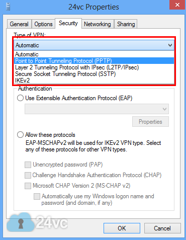 For Type of VPN select Point to Point Tunneling Protocol (PPTP).