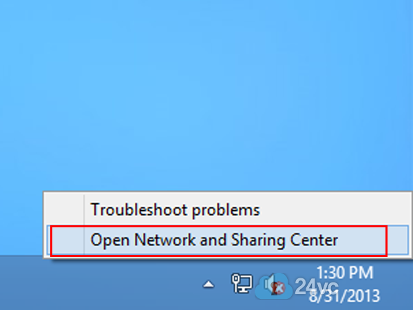 Right click on the network icon in the system tray and click Open Network and Sharing Center.
