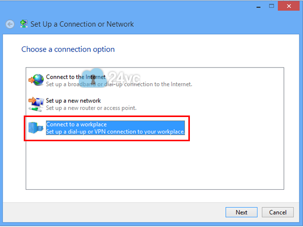 Select Connect to a workplace and then click next.