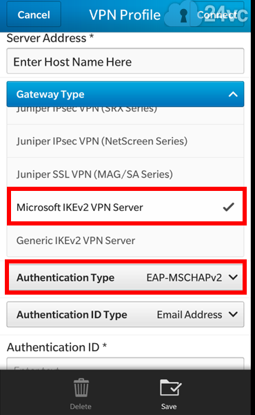 For Gateway Type select Microsoft IKEv2 VPN server. For Authentication Type select EAP-MSCHAPv2. Leave Authentication ID Type blank. 