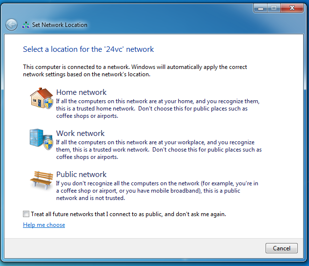 When the following window appears, make sure to select Public Network. If the window does not appear automatically after connecting to the VPN, simply go to your Control Panel and then go to the Network and Sharing Center. Once there click the text below the network name to change it to Public Network. Also make sure that your local network is set to either Home or Office.