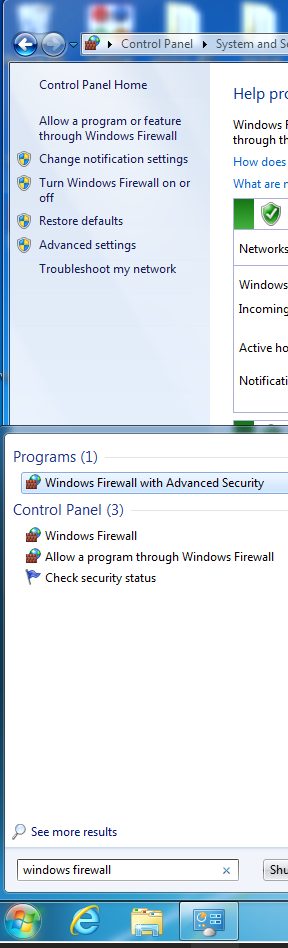 Next open up the Windows Firewall with Advanced Security page, which you can find by searching in the search box located in the start menu or through the Control Panel. Make sure the firewall is activated.