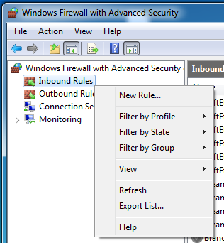 Now it’s time to create the firewall rules, simply right click on Inbound Rules and select New Rule.