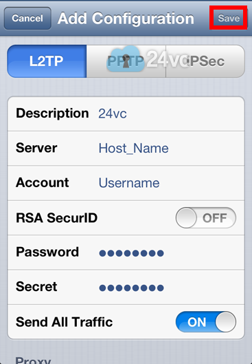 Write 24vc for Description. Enter the Host Name we provided you in the activation email for Server. Enter your username for Account and then enter your password. Make sure Send All Traffic is turned ON. Click Save.  