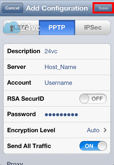 Write 24vc for Description. Enter the Host Name we provided you in the activation email for Server. Enter your username for Account and then enter your password. Make sure Send All Traffic is turned ON. Click Save.  