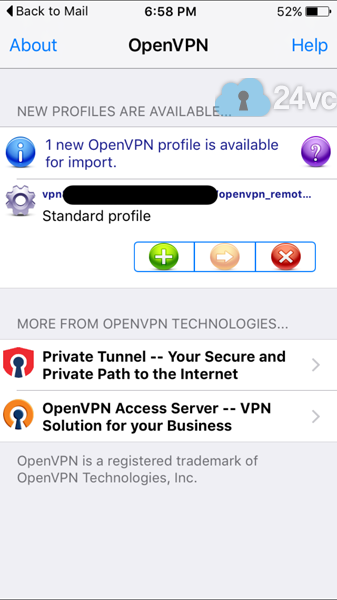 Once the proper VPN profile opens up, tap on the green + sign to finish configuring it