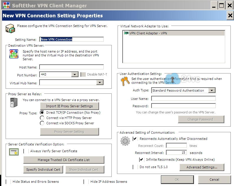 Setting Name: put any nickname you prefer
Host Name & Virtual Hub Name: IP Address given to you in the activation email, goes here
Username: If in your activation email you received a username like this 65321086@100.100.10.10 then in SoftEther you would only put 65321086 so simply omit the part after @
Password: enter password given in activation email
The settings above are the only ones you need to change, everything else can stay with the default settings, then click Ok.
